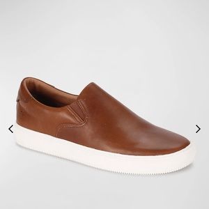 mens Frye leather slip-on sneakers, cognac, suede trim.